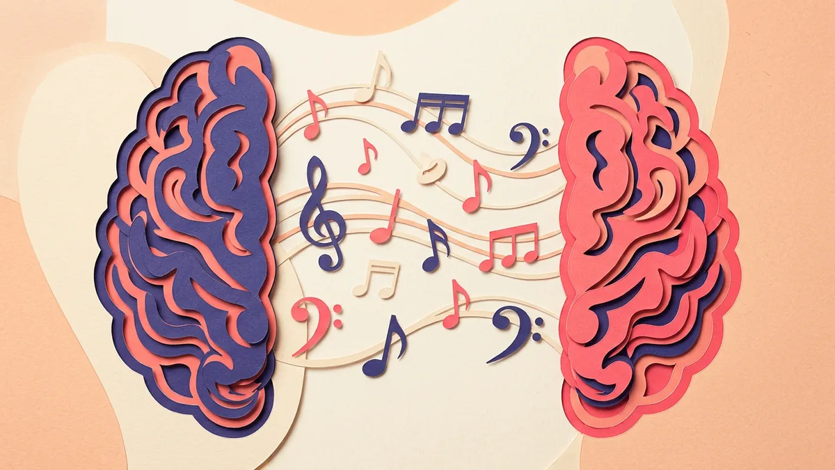 Paper-cut illustration of coral and indigo brain hemispheres linked by floating musical notes on a cream peach background