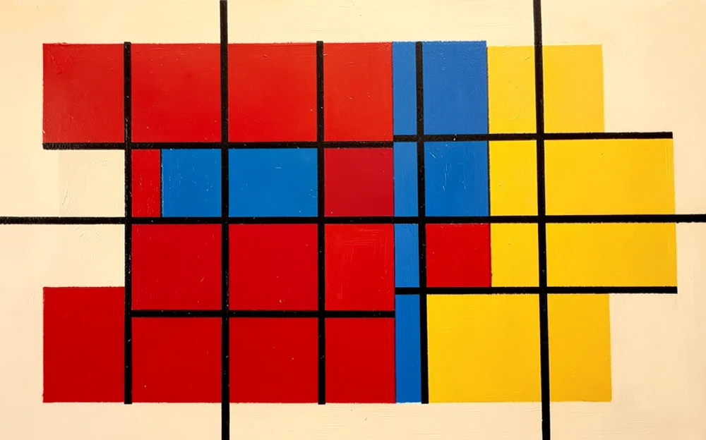 An original abstract painting of red, blue and yellow blocks divided by black grid lines on an off-white canvas
