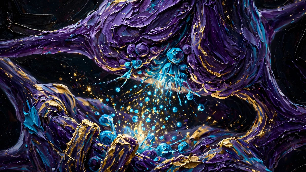 How neurons communicate – impasto synapse illustration Impasto oil painting close-up of a neuron synapse with vesicles bursting open, deep violet and electric cyan with gold highlights