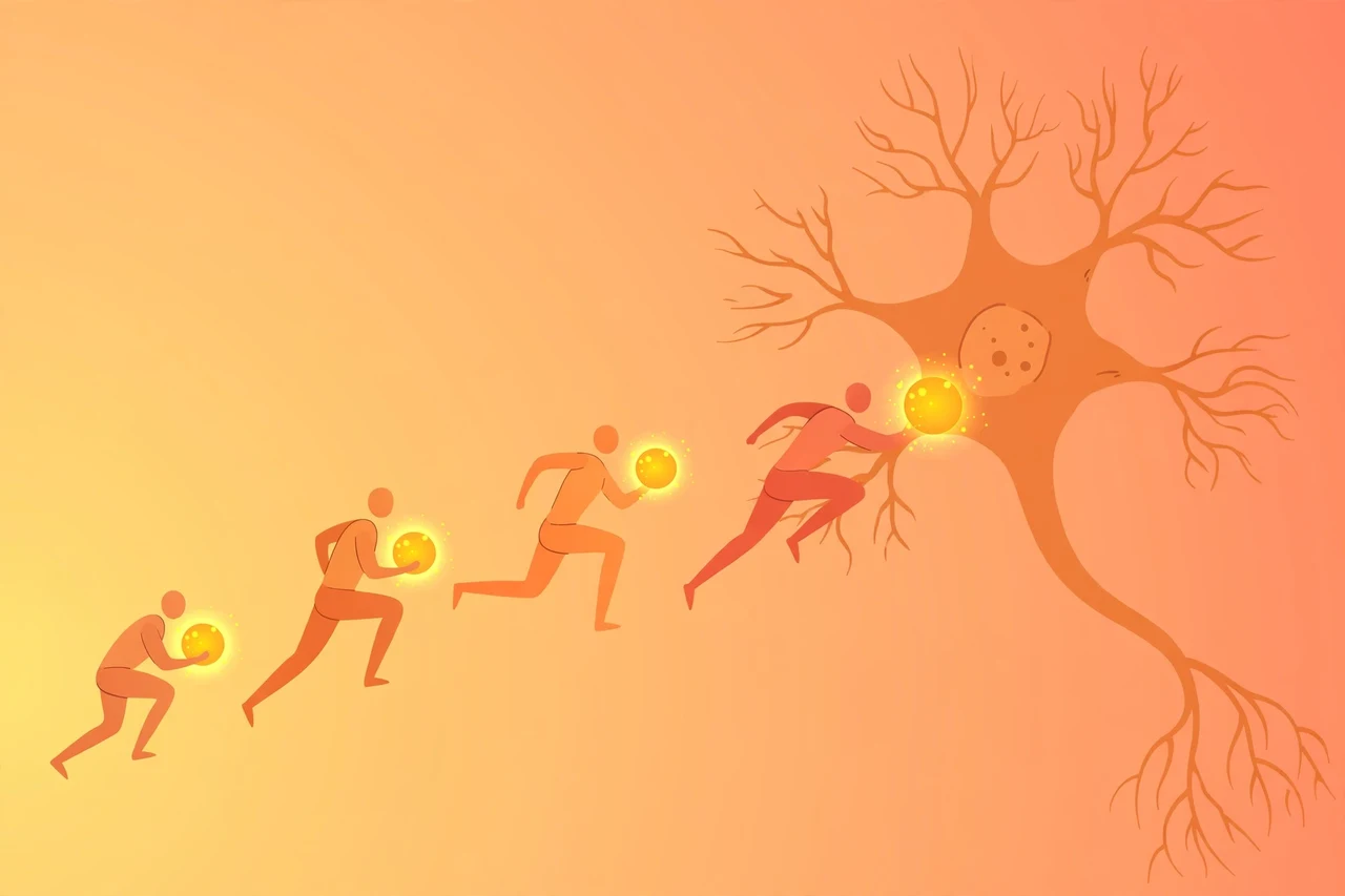 Flat illustration of four runners at different speeds carrying glowing calcium orbs toward a neuron, representing synaptotagmin variants