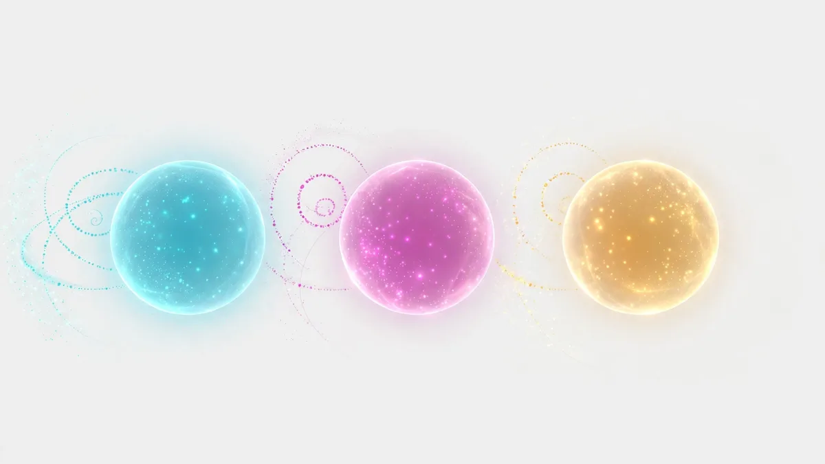 Illustration of three glowing particle orbs representing the electron, muon and tau neutrino flavours