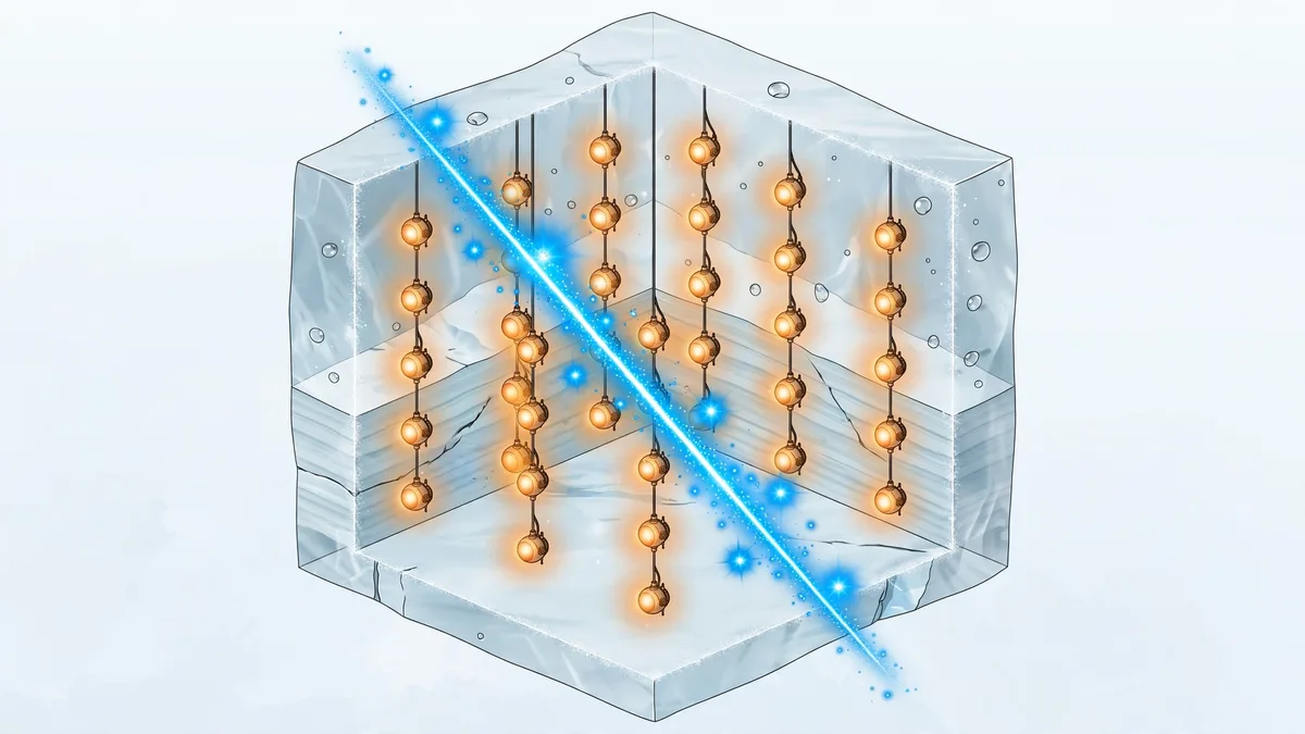 Neutrinos explained: hunting the universe’s ghost particles Isometric illustration of a cube of Antarctic ice with glowing sensor strings and a blue particle track crossing it