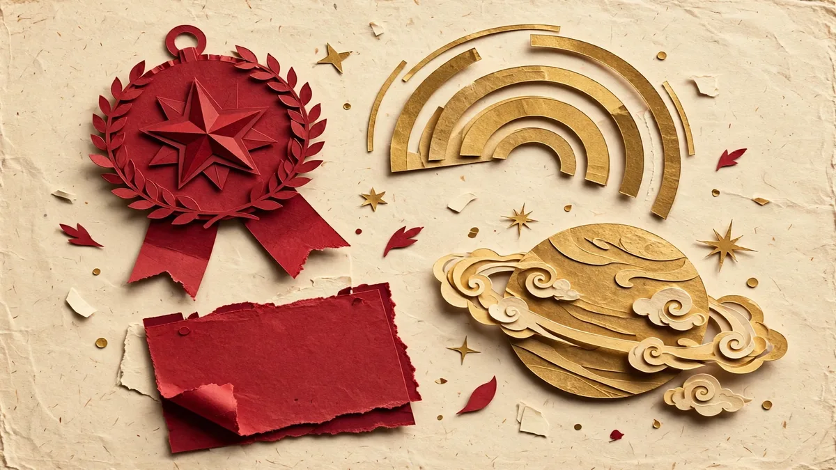 Paper-cut collage of a Nobel medal, radio waves and a cloudy planet