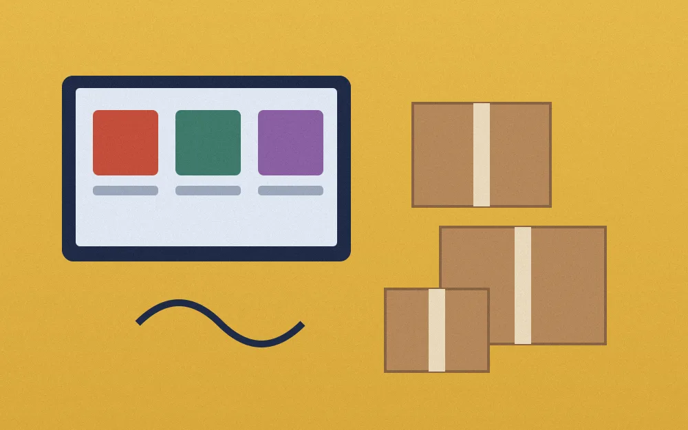 Top-down illustration of a tablet showing three handmade products beside three wrapped parcels on a mustard desk