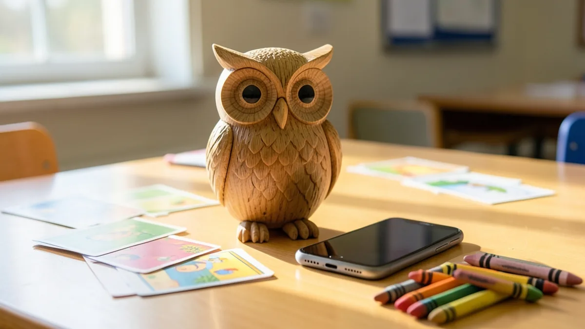 Carved wooden toy owl beside a smartphone, crayons and picture cards on a sunny classroom table