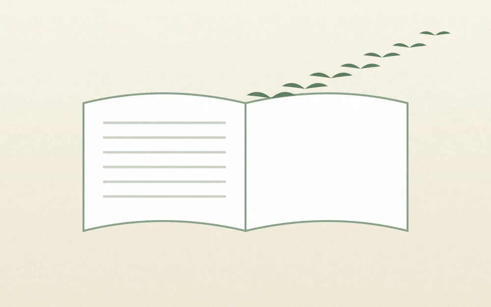 Illustration of an open book with lines of text, and a trail of small green birds rising from its right-hand page
