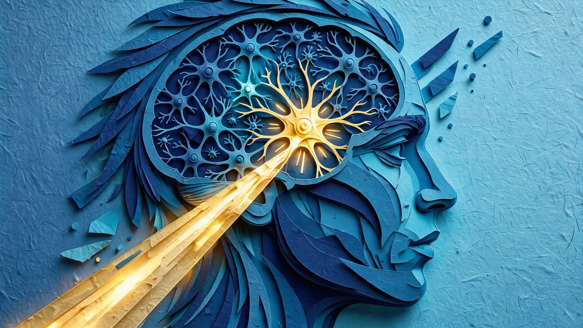 Optogenetics explained: controlling brain cells with light Paper-cut illustration of a human head with a glowing brain and a beam of light switching on a single neuron