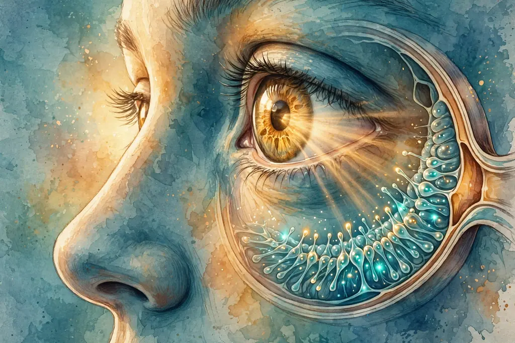 Illustration of a human eye with beams of golden light entering it, symbolizing optogenetic vision therapy