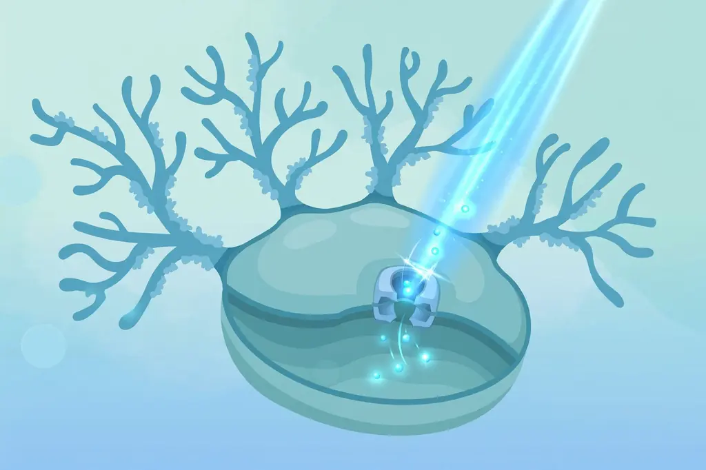 Illustration of a neuron with a beam of blue light opening an ion channel in its membrane