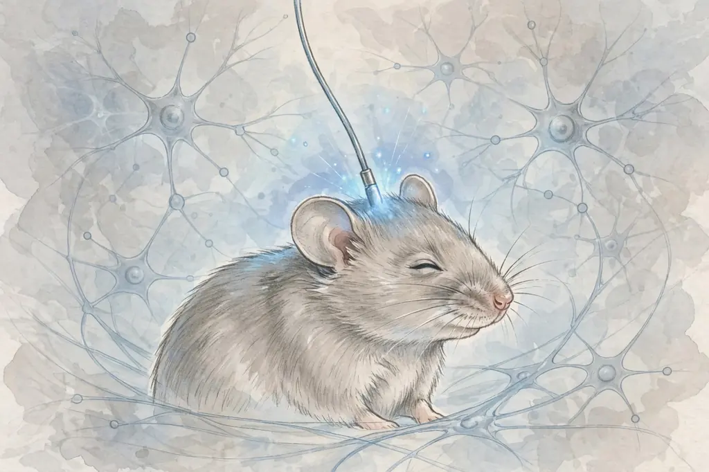 Illustration of a laboratory mouse with a thin optical fiber delivering blue light to its brain