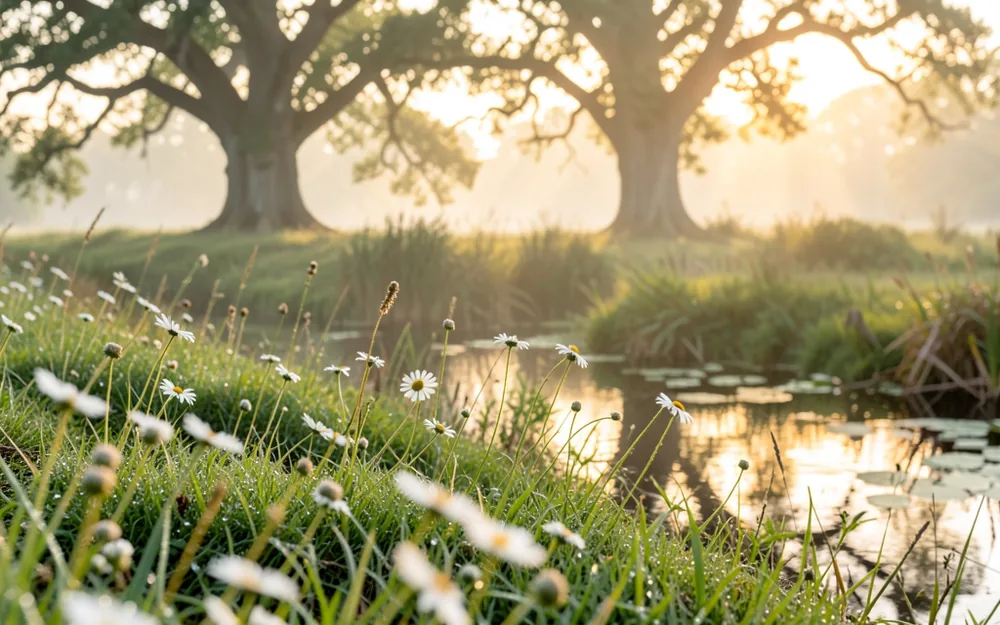 An English wildflower meadow at misty dawn, an entangled bank of plants