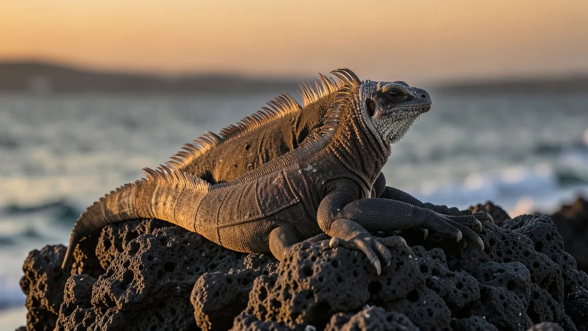 Two marine iguanas resting on black volcanic rock in the Galapagos at dawn