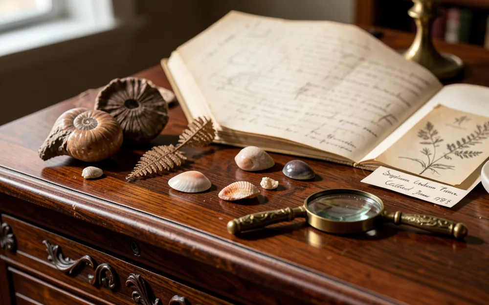 A Victorian naturalist's desk with fossils, seashells, a magnifying glass and a field notebook