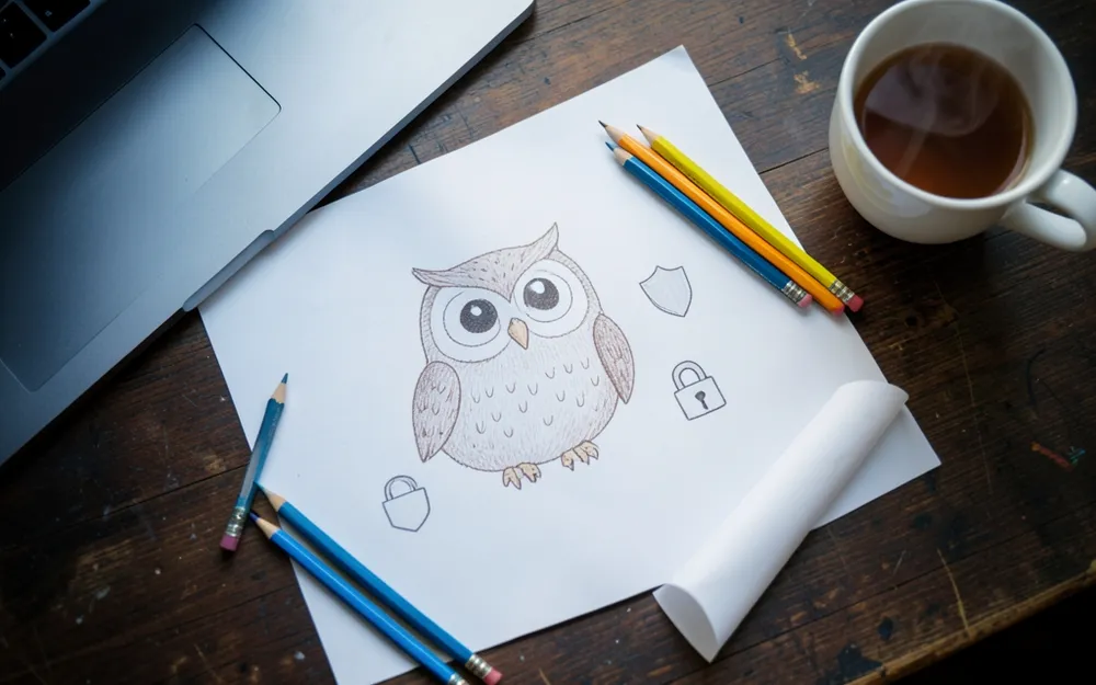 Pencil sketch of a friendly owl character with shield and padlock icons on a desk next to coloured pencils and a cup of tea