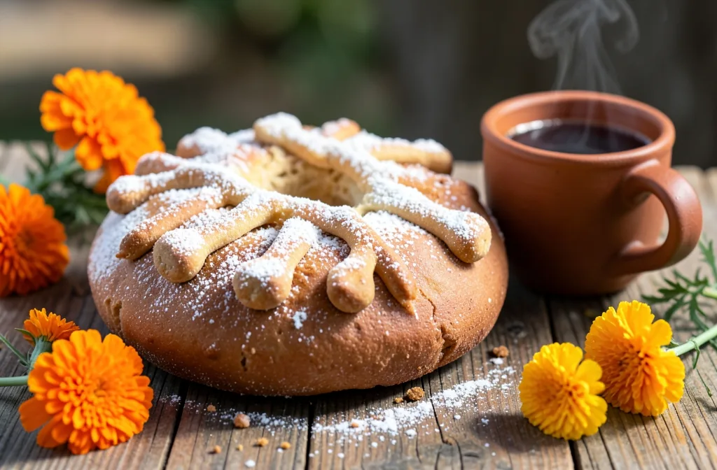 Round sweet bread topped with bone-shaped dough and sugar beside a clay mug of hot chocolate and marigolds