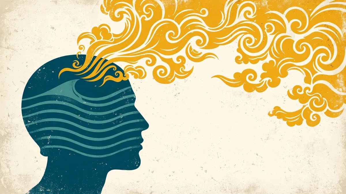 Retro screen-print illustration of a human head profile with storm swirls rising from it