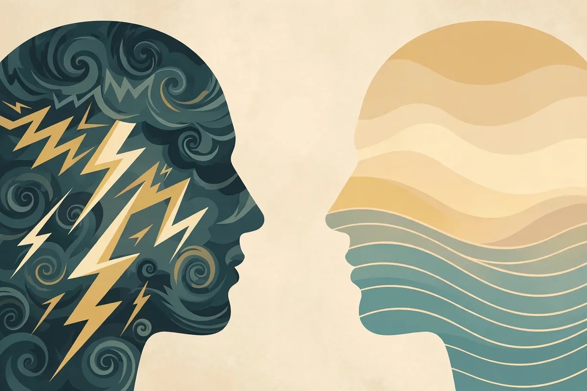 Illustration of an anxious mind versus a calm mind, storm swirls on one side and calm sunrise on the other