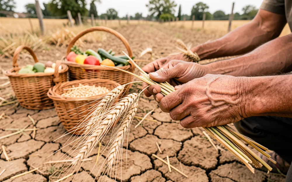 Weathered hands holding wheat stalks over baskets of grain and vegetables on dry, cracked earth