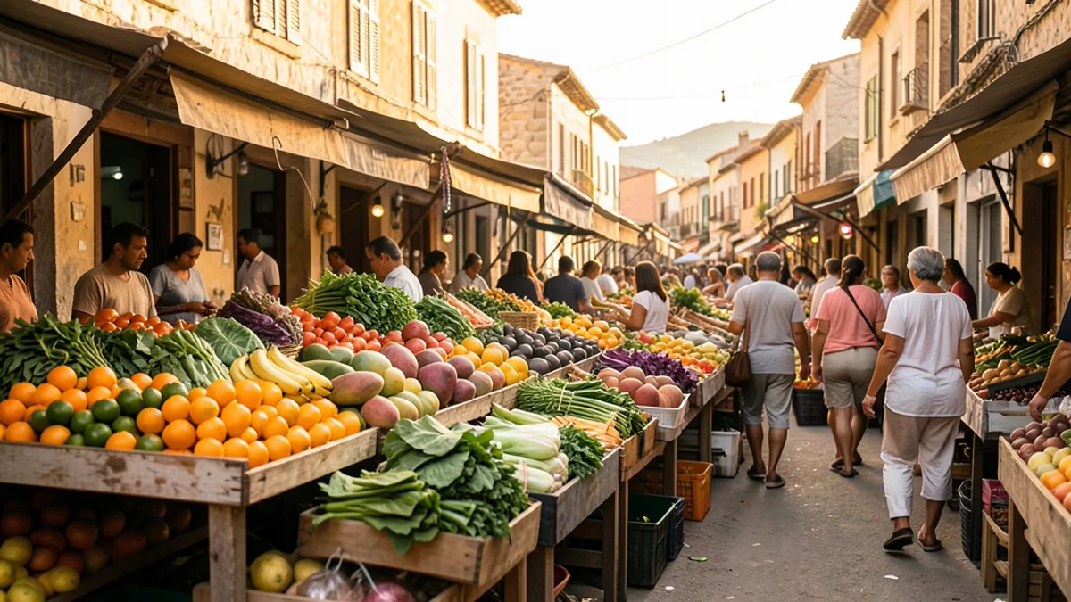 A morning market street lined with wooden stalls piled high with fresh fruit and vegetables in golden light