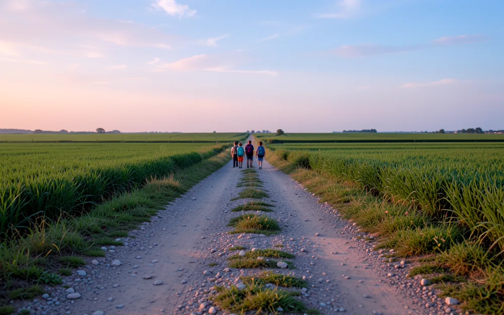 Three small children with backpacks walking away down a dirt road between green fields at dawn