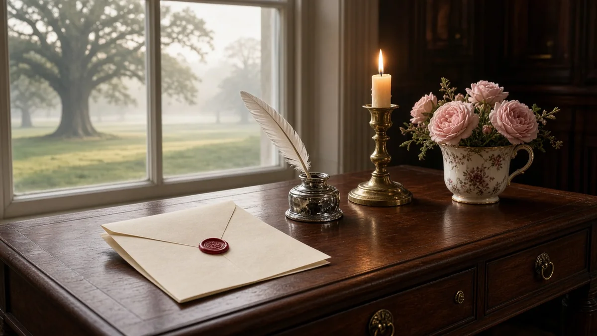 Regency writing desk with a sealed letter A Regency mahogany writing desk with a sealed letter, a quill in a silver inkwell, a lit candle and pink roses by a misty parkland window