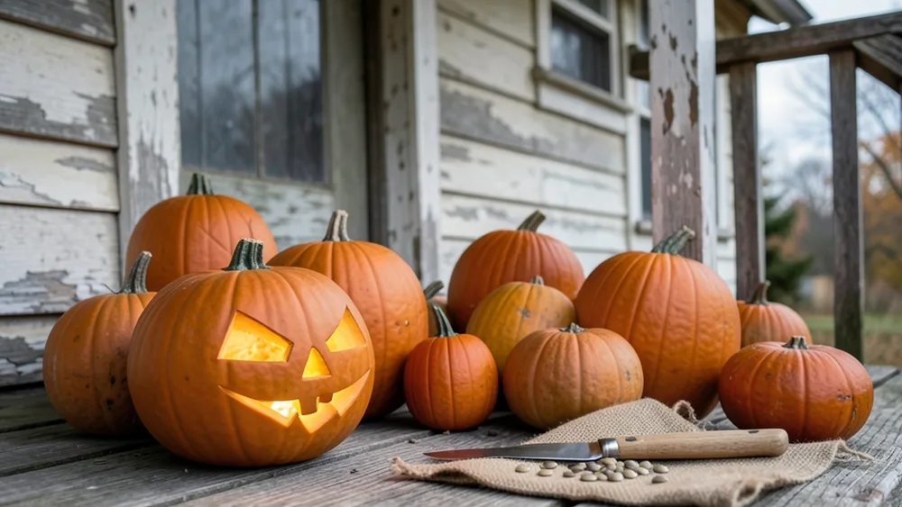 Pumpkins of many sizes on a weathered wooden porch, one carved into a glowing jack-o’-lantern beside a knife and pumpkin seeds