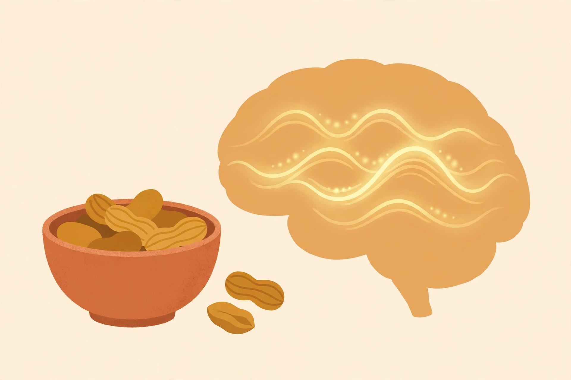 Illustration of a bowl of peanuts next to a stylised brain with glowing neural patterns