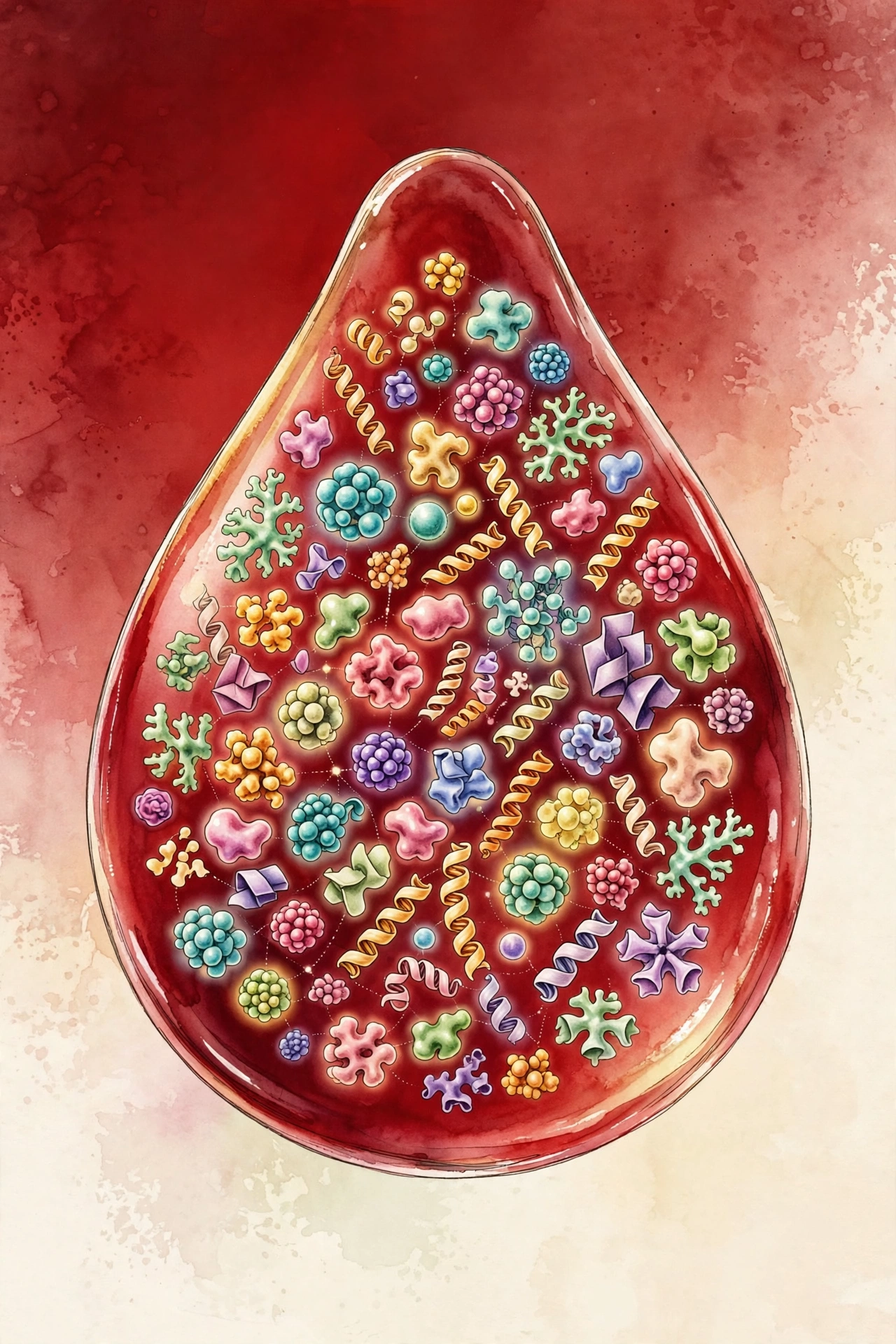 Illustration of a magnified blood droplet containing hundreds of distinct protein shapes