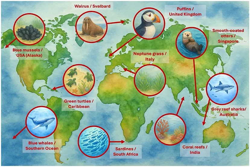 Illustrated world map marking places where marine life has recovered thanks to conservation