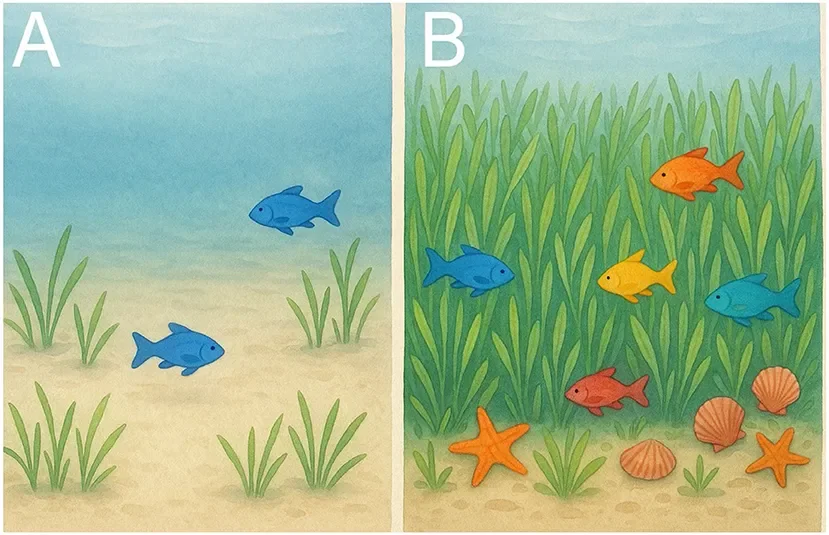 Illustration showing eelgrass returning to an area and bringing ocean life back with it