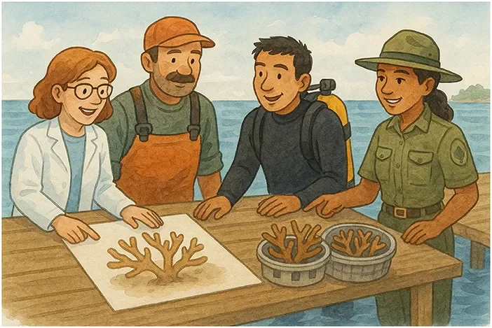 Illustration of people working together to restore a coral reef