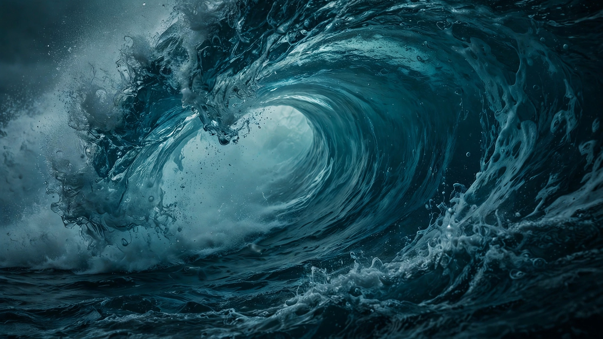 Saving the Seas: What Works (thumbnail v2) Close-up of a curling ocean wave in deep teal
