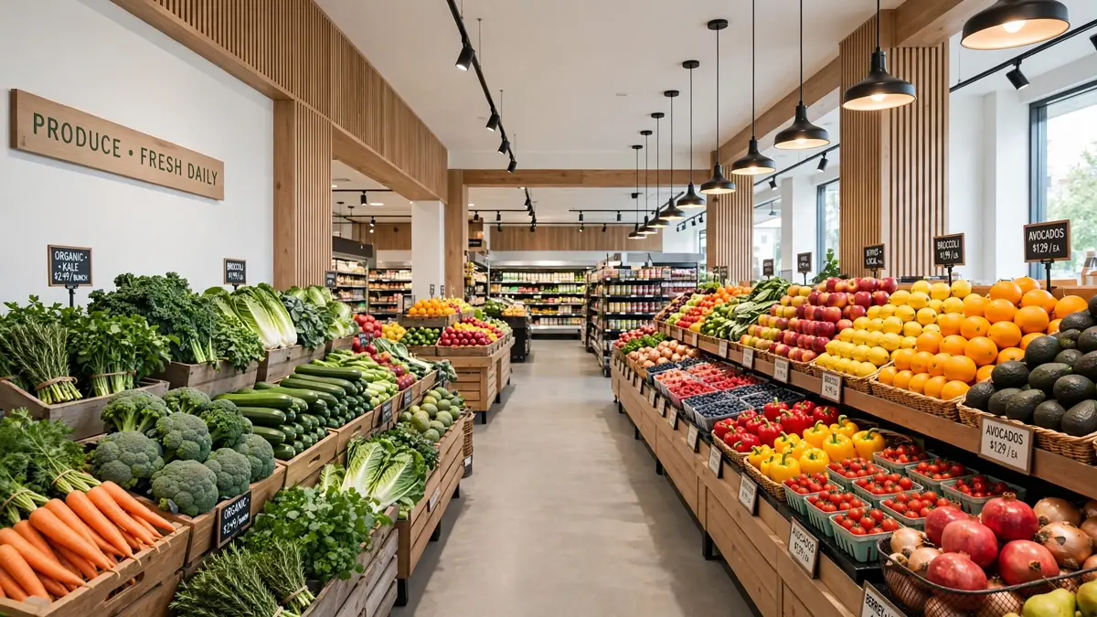 A bright supermarket produce aisle with colorful fresh produce