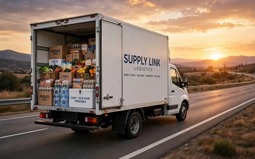 A delivery truck on a highway at sunset