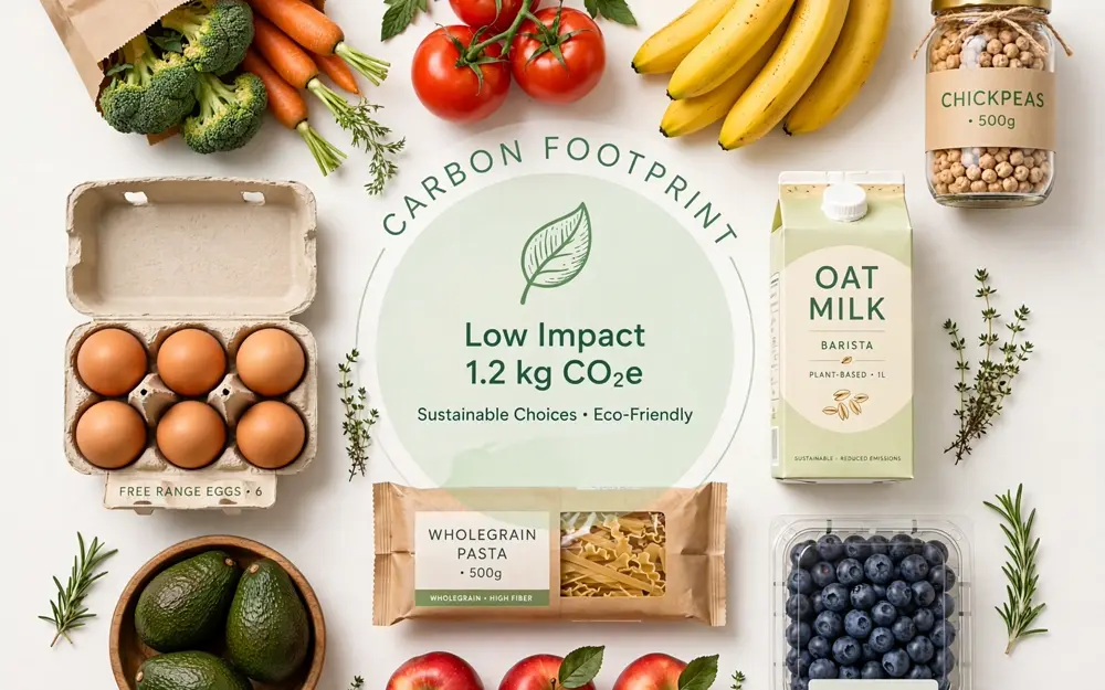 Grocery products with a green leaf symbol suggesting carbon footprint