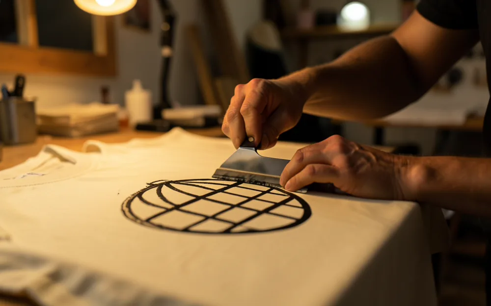 Hands screen-printing a bold black globe design onto a cream t-shirt in a warmly lit workshop