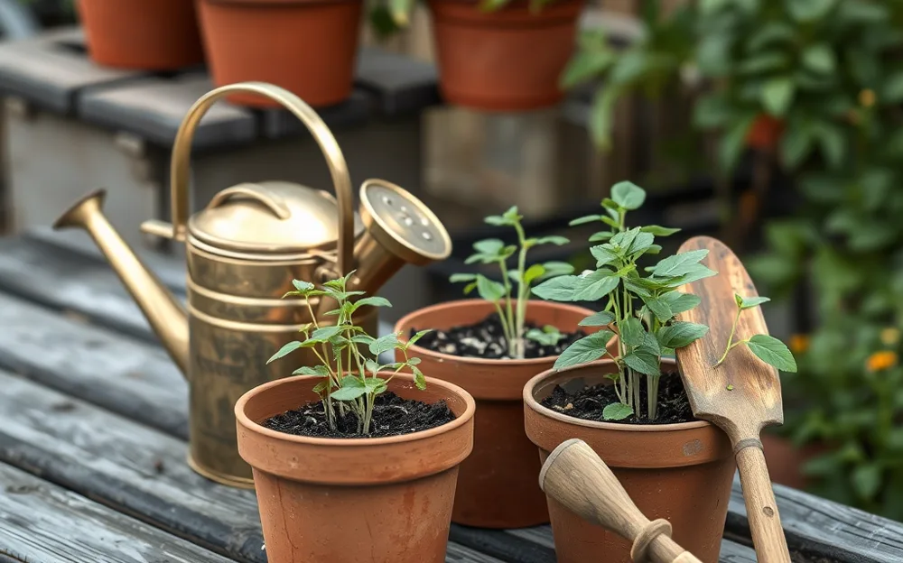 Terracotta pots with seedlings, a brass watering can and a trowel on a garden bench