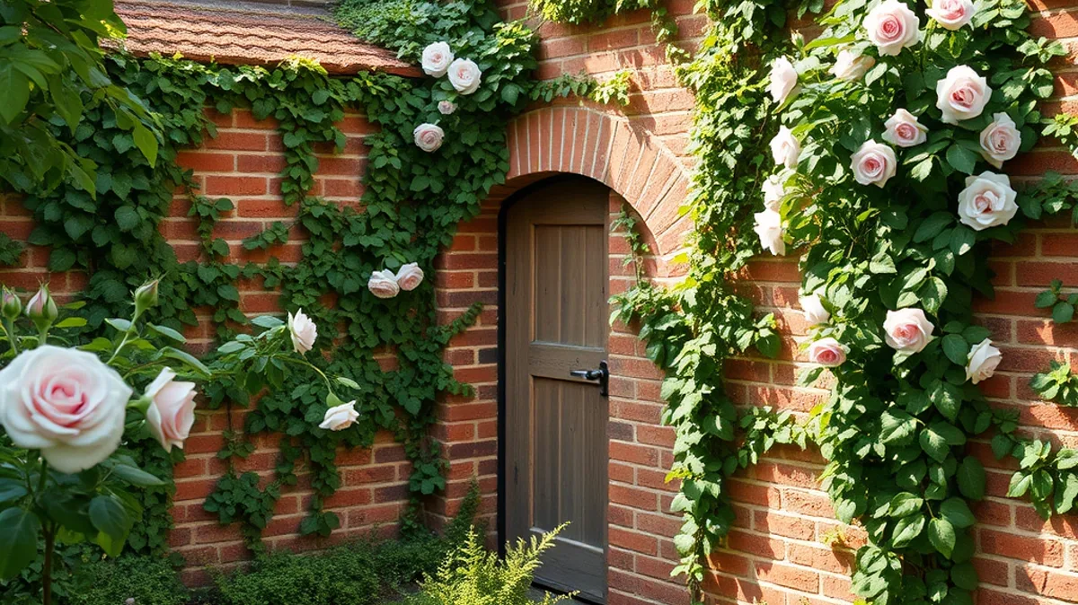 A hidden wooden door in a brick garden wall covered in ivy and climbing roses