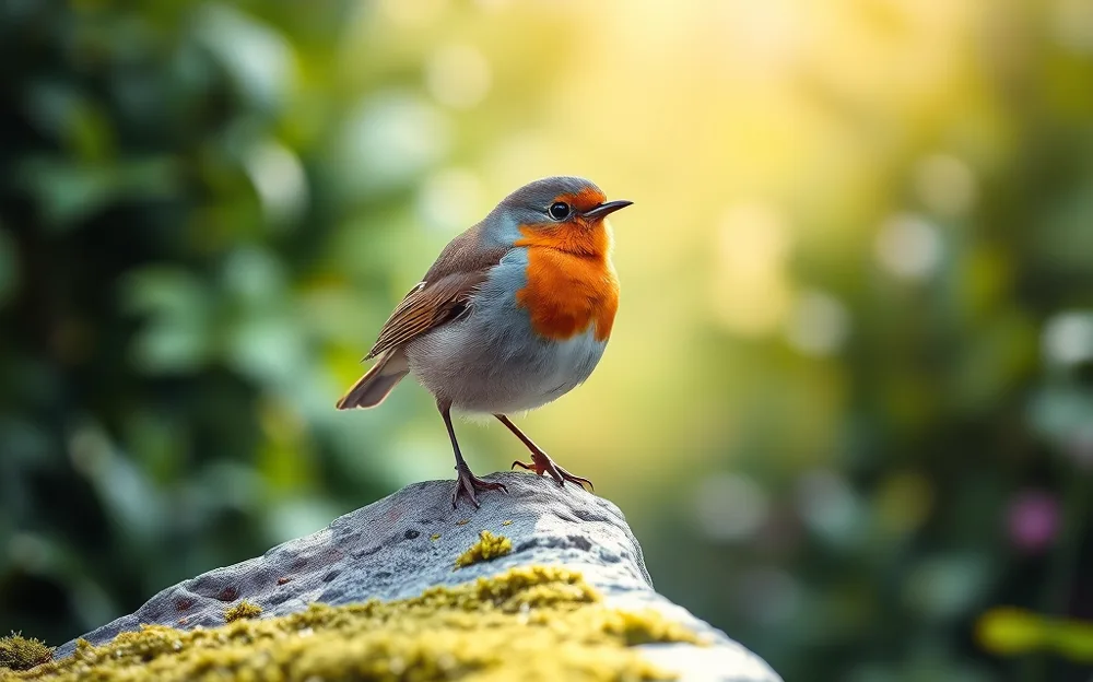 A robin with an orange breast perched on a mossy stone in a garden