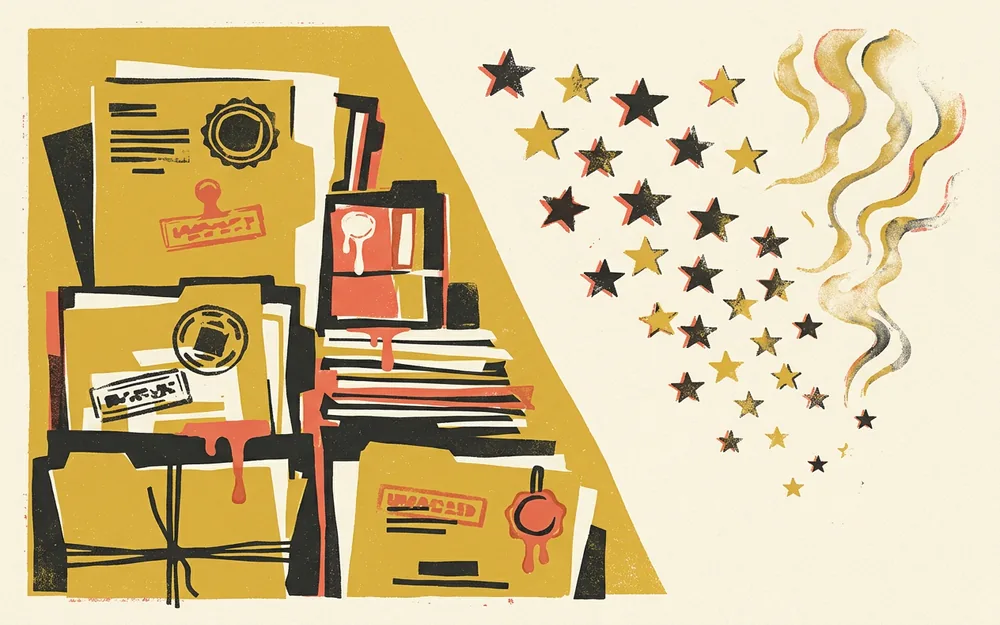 Silkscreen-style split scene of stamped government dossiers opposite a cloud of fading star icons