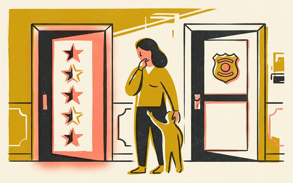 Parent and child choosing between a star-rated door and a door marked with an official seal