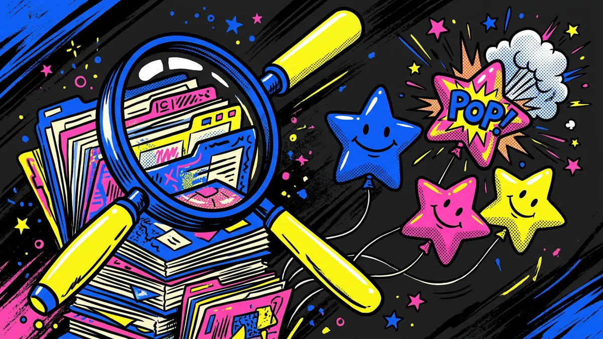 Pop-art magnifying glass over colourful file folders while smiley star balloons pop away on black
