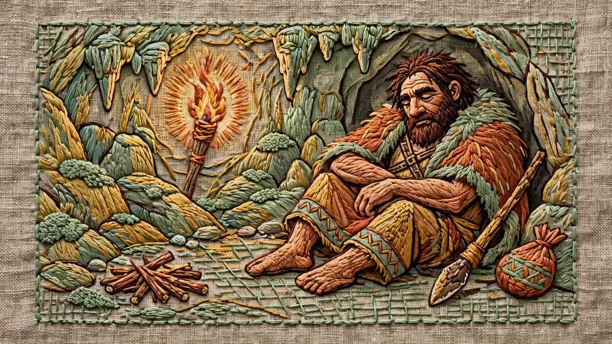 Embroidery textile art of a Neanderthal resting in a torch-lit cave, terracotta and sage threads on linen