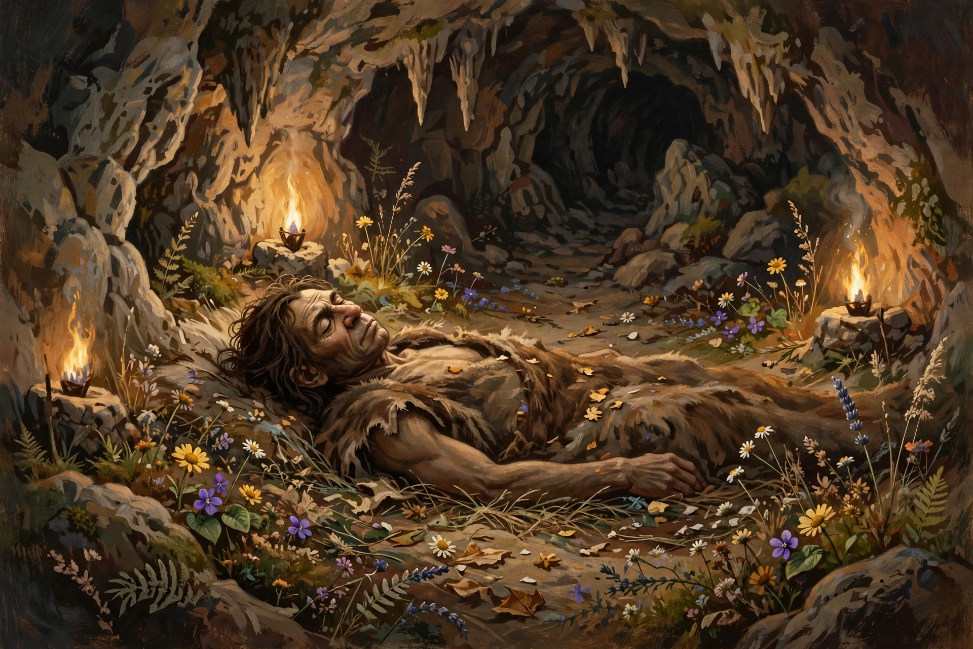 Painterly illustration of a Neanderthal burial in a torch-lit cave surrounded by wildflowers