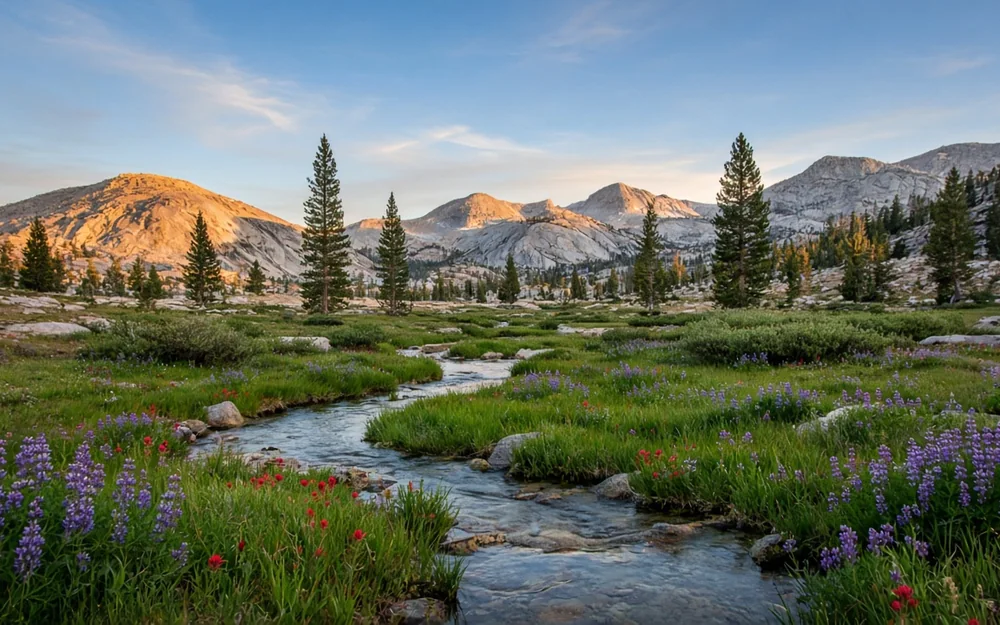 A Sierra Nevada meadow at golden hour, with a clear creek, purple lupines, tall pines and pale granite domes under a blue sky