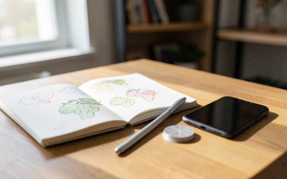 An open sketchbook of globe doodles beside a smartphone and stylus on a sunlit wooden desk
