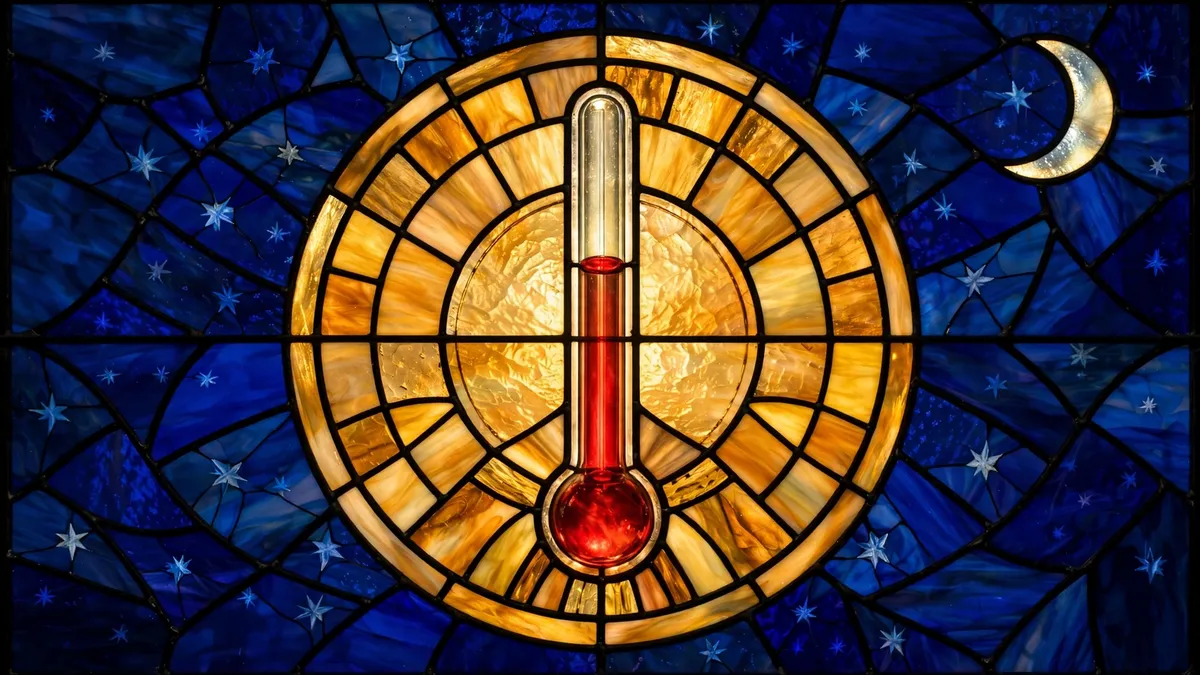 Stained-glass illustration of a thermometer with rising red fluid against a night-blue background