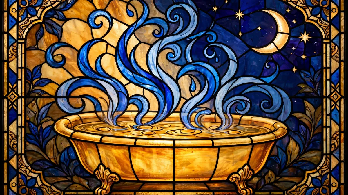 Stained-glass illustration of a steaming warm bath under a crescent moon