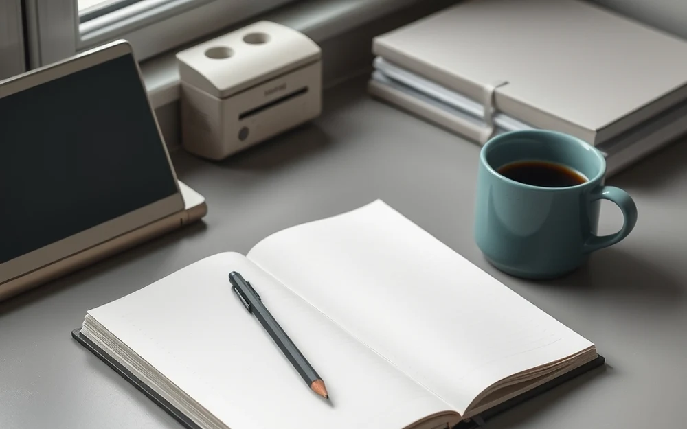 An open blank notebook, a pencil and a cup of coffee on a desk by a window