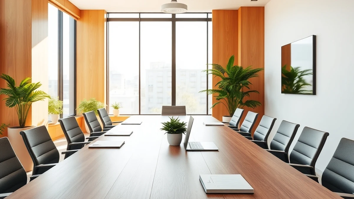 An empty meeting room in warm morning light, with a long wooden table, chairs, notebooks and plants